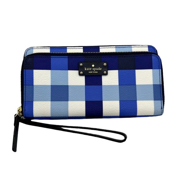 Kate Spade 4x8 Blue Gingham Checkered Leather Wallet - Picture 1 of 10